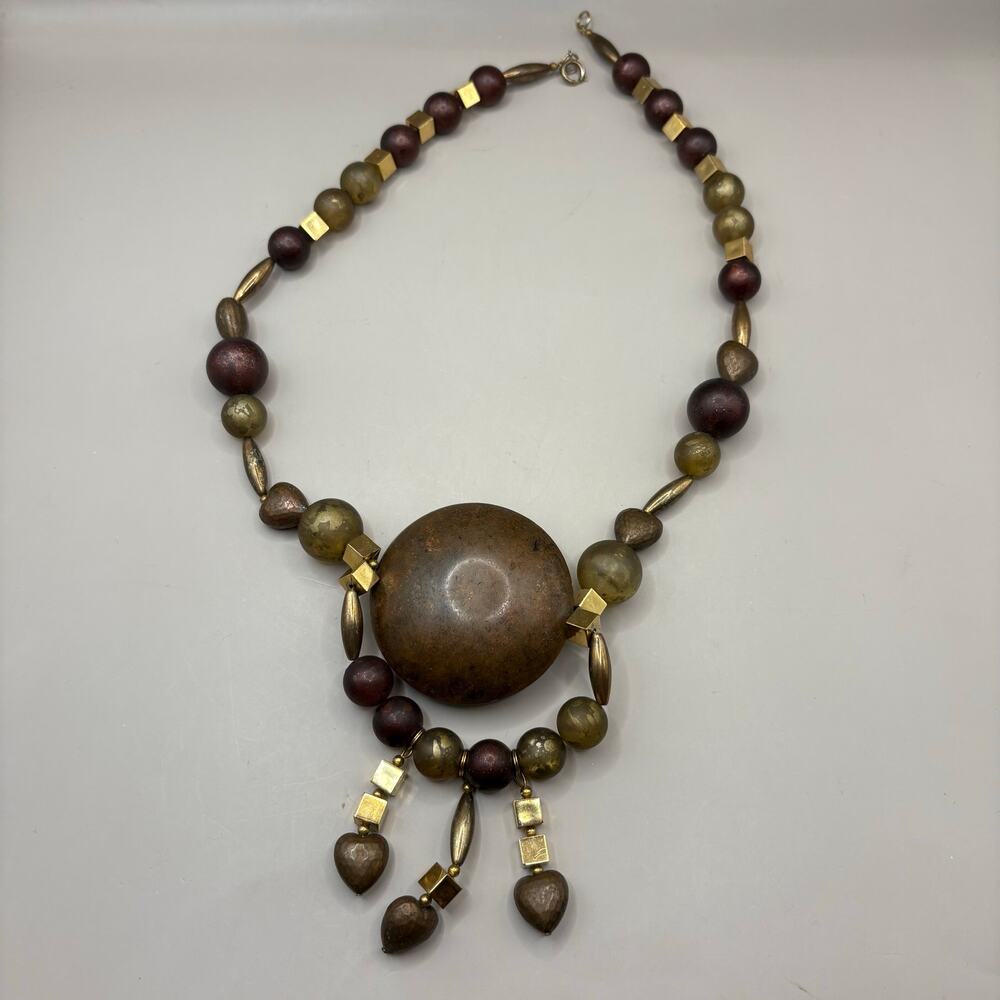 VTG Necklace Beaded Costume Statement Chunky Earthy‎ Gold Tone Hearts Boho